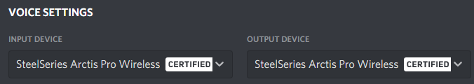 Discord settings showing "Certified" badges near Arctis Pro Wireless